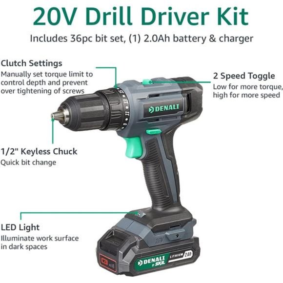 20V Drill Driver Kit with 36-Piece Bit Set, Includes 2.0Ah Lithium Battery - Picture 4 of 6